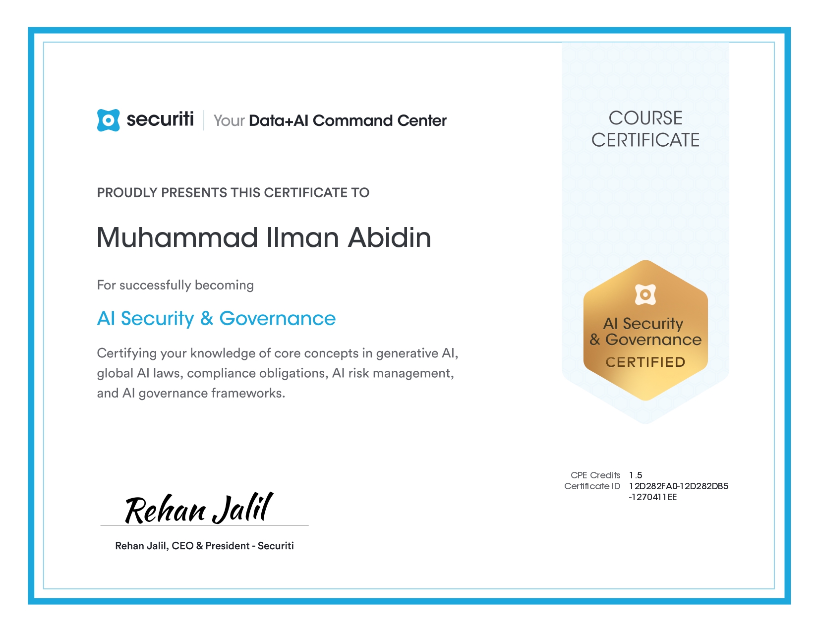Sertifikat AI Security and Governance dari Securiti Education